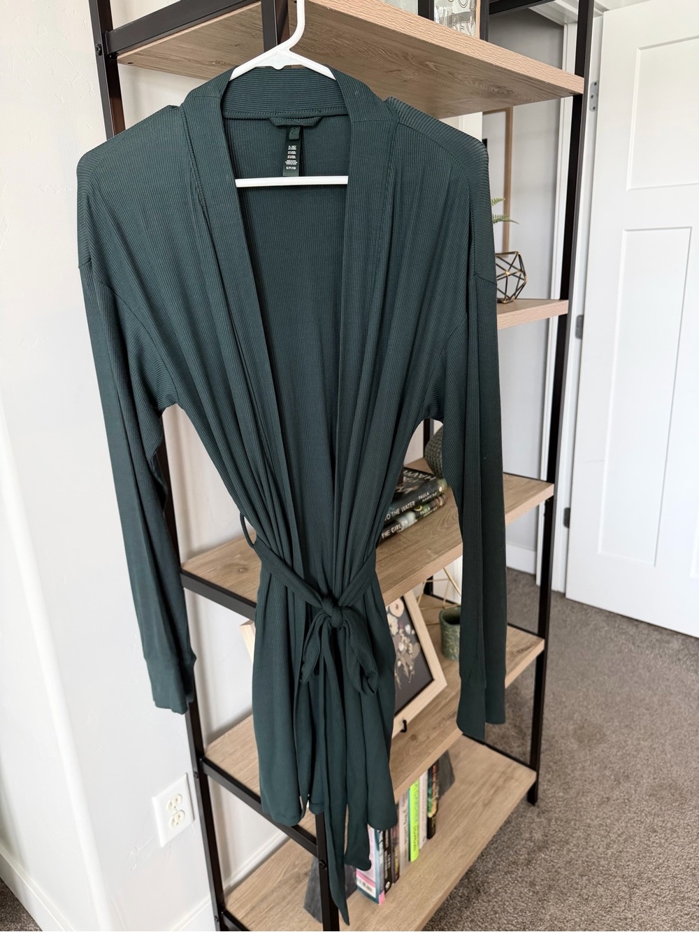 SKIMS Soft Lounge Robe in the ribbed dark green cypress